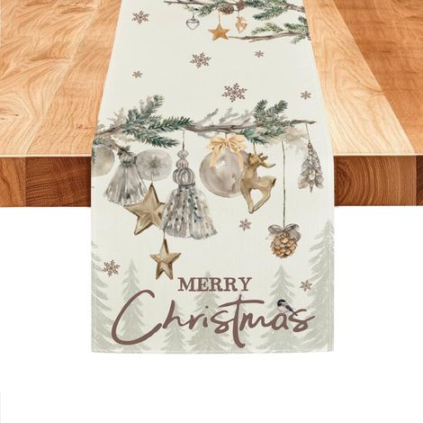Chemin de Table de Noël Blanc 33x183cm Lavable Milieu de Table Noel Tissu Chemin de Table sur Le Thème de l'hiver Convient pour La Décoration d'Armoires et de Tables à Manger (Branche de Sapin) (1/5)