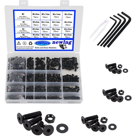 M2 M3 M4 M5 1065 Pièces Jeu de Vis et écrous Avec Rondelles Acier au Carbone Jeux D'écrous Noir Plate Tete Boulon (1/5)