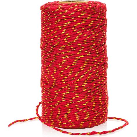KINGLAKE Ficelle de Noel 2mm - 100M Corde Coton Rouge avec Fil Doré, Corde en Macramé pour Pâtisserie, Cuisine, Bricolage, Emballage Cadeau de Noël et Décoration (1/5)