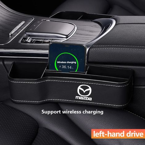 Boîte de rangement en cuir pour l'espace entre les sièges de voiture (charge sans fil) pour Mazda 2, 3, MS, CX5, CX3, MX5 et RX8. Sac de rangement inclus. (1/5)