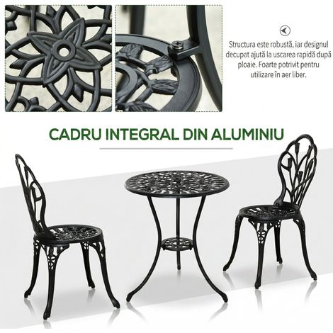 Set salon de jardin 2 places, table + 2 chaises aluminium noir (1/5)