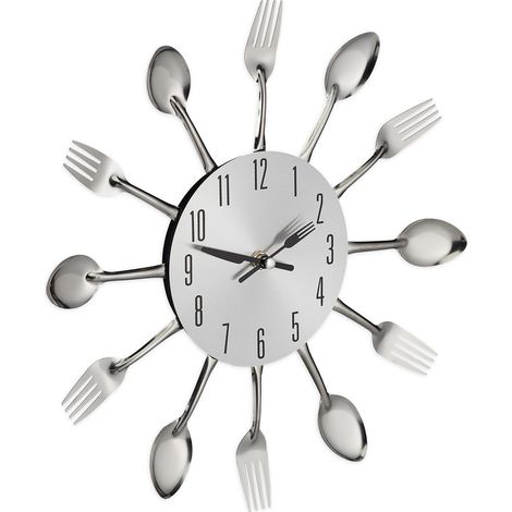 Relaxdays Wanduhr Besteck, Küchenuhr Löffel & Gabel, Ø 31 cm, Metall, batteriebetrieben, ohne Ticken, Besteckuhr, silber (1/5)