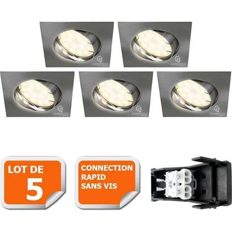 Lot de 5 spot encastrable orientable LED carré alu brossé GU10 230V eq. 50W blanc chaud (1/5)