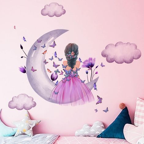 Pegatinas de pared de mariposas para niñas, luna, nubes, flores, pegatinas de pared de hadas, decoración de pared floral rosa, mariposas coloridas, pegatinas rosas para la decoración de la habitación  (1/4)
