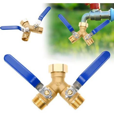 Séparateur Robinet 2 Voies - 3/4" Laiton, Poignée Acier Inox, Haute Débit, Jardin, Pelouse, Arrosage, Lavage Voiture