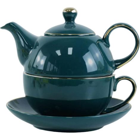 Service à thé en Céramique pour une Personne, théière de 12oz et Tasse de 8.2oz avec Soucoupe (Vert Paon) (1/5)
