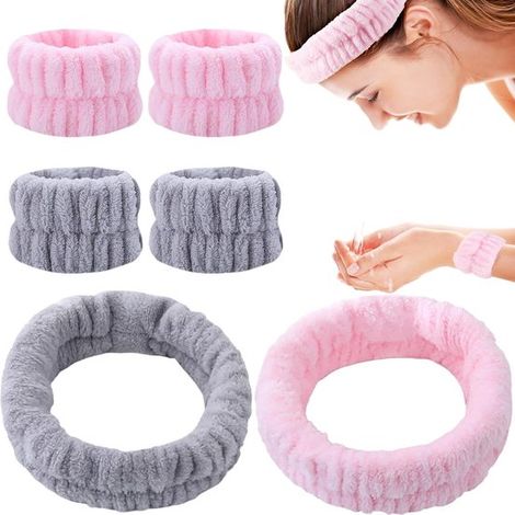 Spa-Stirnband, Handgelenk-Waschband-Set, Gesichtswascharmband, weiches elastisches Stirnband und Armband, Gesichtspflege, Gesichtswaschband für Damen (rosa, grau) (1/5)