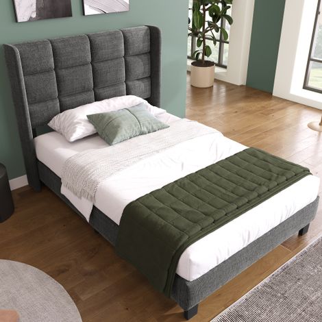 Okwish – Lit adulte 90x200 cm rembourré – Tête de lit capitonnée – Sommier à lattes en bois – Tissu lin gris – Sans matelas