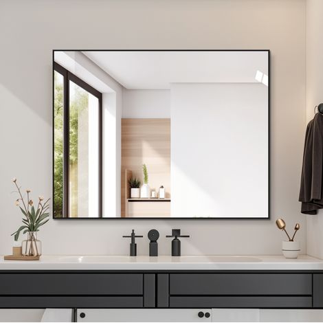 Specchio da bagno 70x90 cm, montaggio orizzontale e verticale, vetro 5 mm, cornice nera in alluminio, nero (1/5)