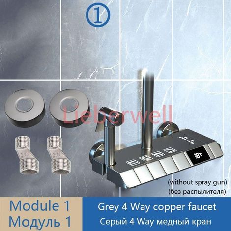 WJNMONE Grey LED Digital Shower System Set with Brass Square Shower Head, Chrome Finish, DIY Assembly Shower Column Kit (1/5)