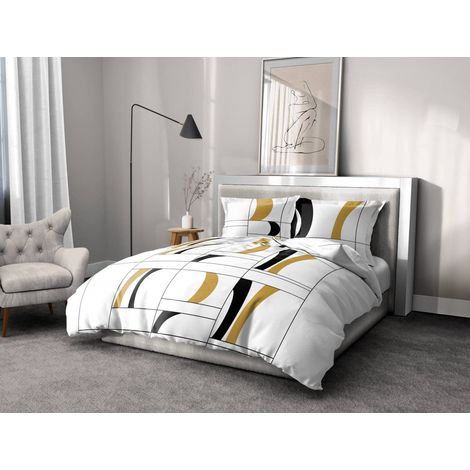 Housse de Couette - 3 Pièces 100% Coton - 57 Fils 2 Personnes - 240x260 cm Atoll Noir-Moutarde (1/4)