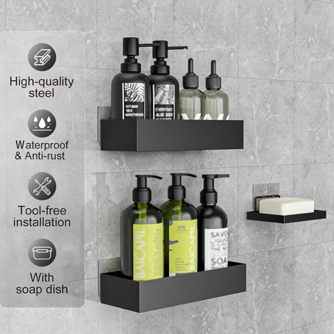 ZVD Étagère Douche Sans Percage - 3 Pièces Etagere Douche avec Porte Savon Douche, Porte Shampoing Accessoire Douche Noir (1/3)