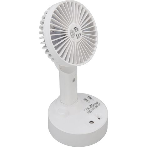 Automatischer, rotierender Tischventilator mit eingebautem Lithium-Akku, Ladestation, Sprühfunktion und wiederaufladbarem Handventilator (1/5)