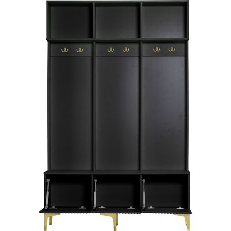 Ensemble meuble d'entrée avec banquette, coffre de rangement polyvalent, espace ouvert, 6 patères dorées et pieds laiton, idéal pour hall ou séjour, noir, L 120 x P 40 x H 191,5 cm (1/5)