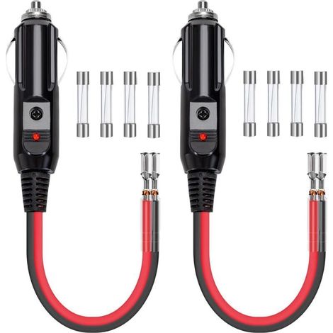 Prise Allume Cigare 12V/24V Adaptateur Allume Cigare Mâle 10cm 16AWG Rallonge Allume-Cigare avec Indicateur LED Rouge et Fusible 10A/15A Rechange pour Voiture Camion 2 Pièces (1/4)