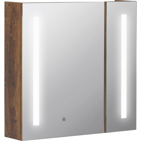 Specchiera Bagno con Luci LED Regolabili, 2 Ante e Mensola Regolabile, 70x15x65cm, Marrone