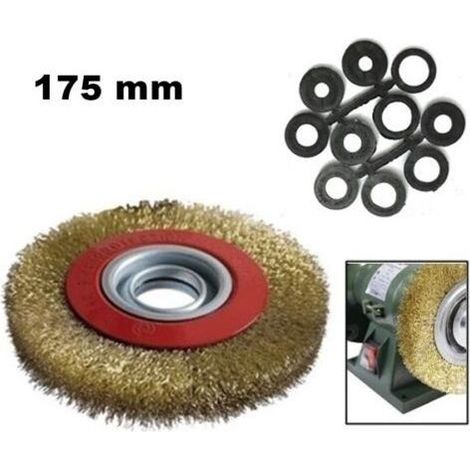 SPAZZOLA IN ACCIAIO OTTONATO PER MOLA DA BANCO 175 mm CON SET DI ADATTATORI (1/5)