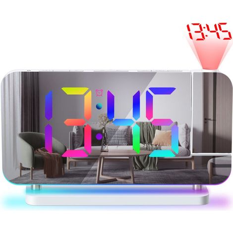 Horloge de Chevet Projecteur Digitale - Écran Miroir LED de 18,8cm, Projection Orientable à 180°, Éclairage d'Ambiance RVB, Recharge par USB-C, Luminosité Automatique - Design Moderne (1/5)