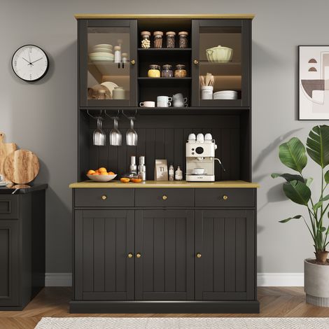 Credenza 120x40x191 cm in pannelli di legno neri con vano contenitore per sala da pranzo FloraGrace (1/5)