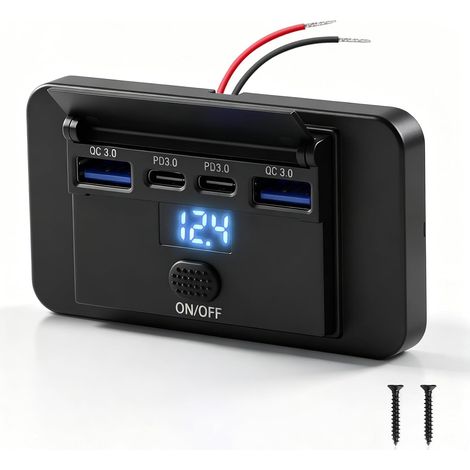 Chargeur de Voiture pour téléphone Charge Rapide 12V Prise USB C Double 36W PD3.0 et Double 18W QC3.0 avec Voltmètre Numérique et Interrupteur (1/5)