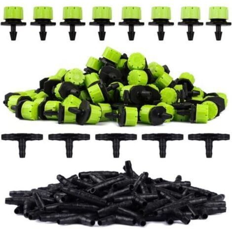 100pcs Vert Goutteur Irrigation Réglable + 100PcsTee Joint de Tuyau Système D'arrosage Automatique Goutte à Goutte Micro Gicleurs Drippers pour Plante Serre DIY Jardin