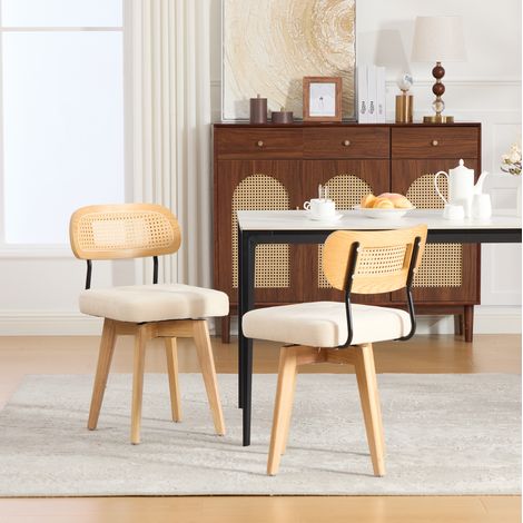 MODFU – Lot 2 chaises pivotantes 360° chenille – Dossier rotin tressé et piètement fer – Structure métal renforcée et assise rembourrée – Charge 150 kg – Beige (1/5)