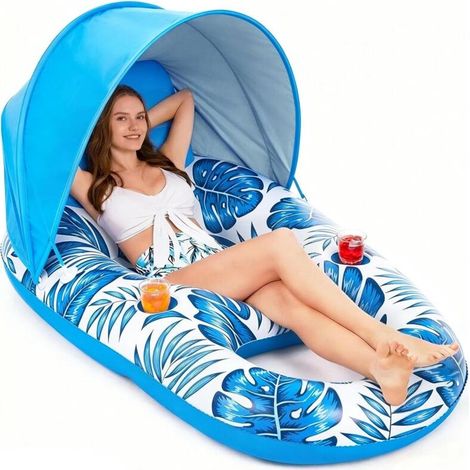 Flotteur de Piscine avec auvent pour Adulte, Chaise Longue Gonflable Piscine, lac et Plage, Porte-gobelets, idéal Les fêtes la détente. - (1/4)