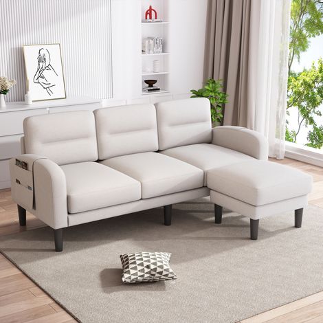 Sofá esquinero en forma de L, de 3 plazas con chaise longue, sofá esquinero pequeño, bolsillo lateral de almacenamiento, patas de 25 cm, ideal para el salón, 204 x 136 x 80 cm, beige (1/5)