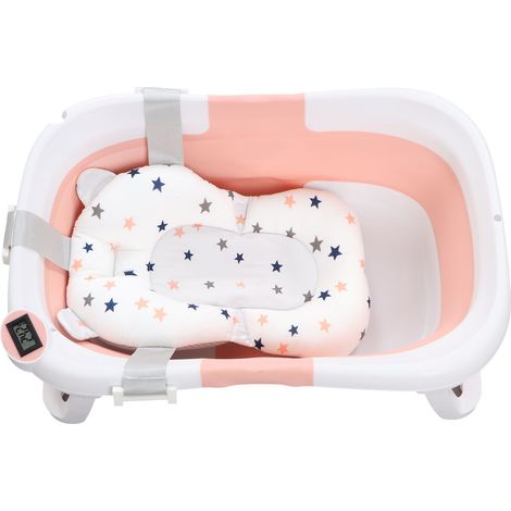 Baignoire bébé pliable rose avec tapis de suspension antidérapant, thermomètre et trou de vidange (1/5)