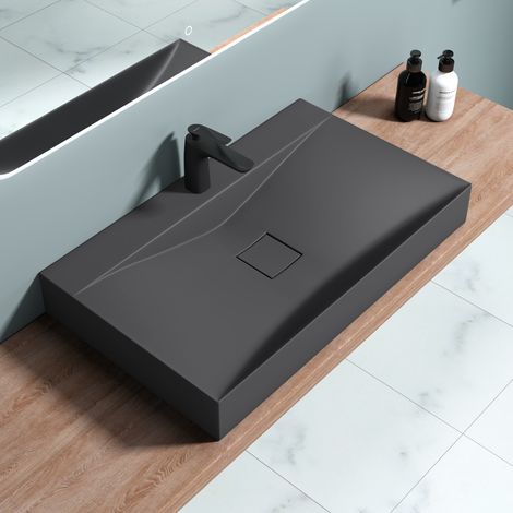 doporro® 80x48x10cm Lavabo sobre encimera antracita mate Colossum810-800 de fundición mineral lavabo suspendido de mármol (1/5)