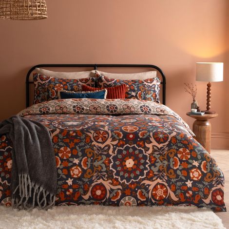 Jeu De Housse De Couette Réversible Suzani Inspiré Floral Géométrique Carreau Mélange De Coton Entretien Facile Literie Bleu Denim King UK Standard 230x220cm (1/4)