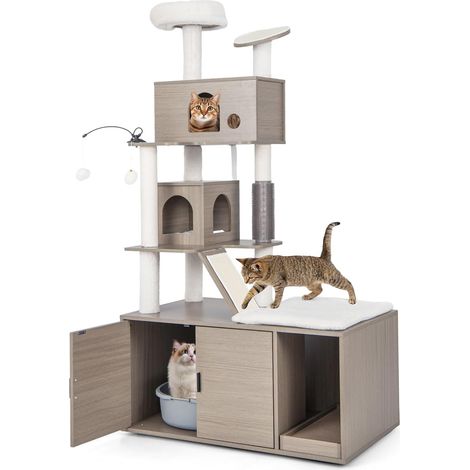 Goplus – Arbre à chat 173 cm avec meuble litière – 2 condos, griffoirs en sisal, balles suspendues – Gris, MDF, peluche (1/5)