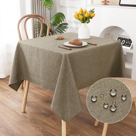 Nappe lavable aspect lin 140x140cm Marron café, hydrofuge, résistant aux rayures