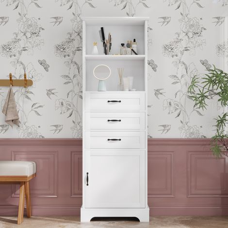 Mueble de baño blanco 56 x 25,6 x 167 cm con 3 cajones, estantes regulables HAVRYA (1/5)