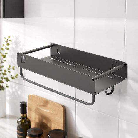 Étagère à Épices Murale 30 cm avec Barre Porte-Serviettes et 6 Crochets, Range Épices Cuisine en Acier Carbone, Porte Épices Cuisine Mural Sans Perçage, Étagère Murale Cuisine pour Épices (1/5)