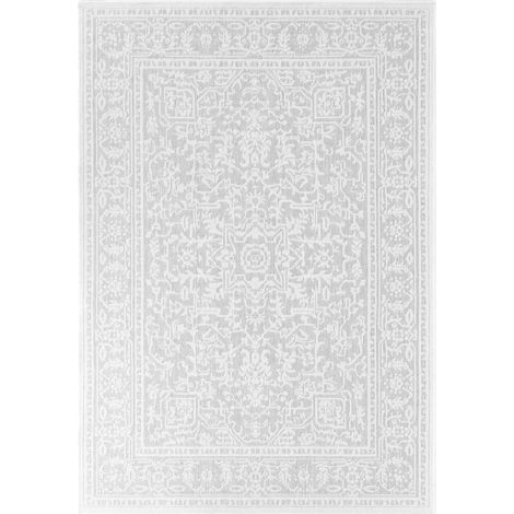 Tapis exterieur 200 x 290 cm, oriental kilim, blanc, gris, texture plate tissée, pliable et résistant, idéal terrasse et jardin
