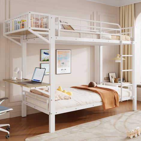 Lit superposé enfant 90x200 cm, 2 couchages avec bureau intégré et rangement ouvert, barrières de sécurité, échelle, gain de place, métal/MDF - Blanc (1/5)