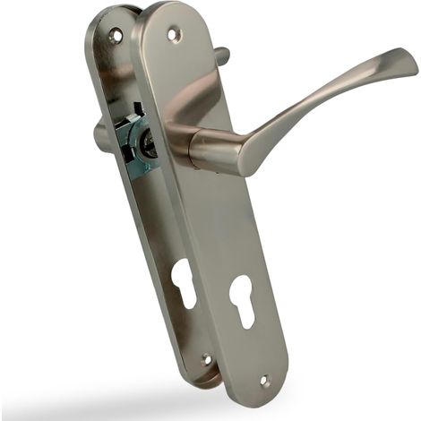Poignée de porte en aluminium avec plaque de fixation carrée - 240 x 45 mm - 122 mm - Axe de 8 mm - Trou de serrure de 85 mm - aux portes intérieures et extérieures - Finition nickel brossé (1/5)