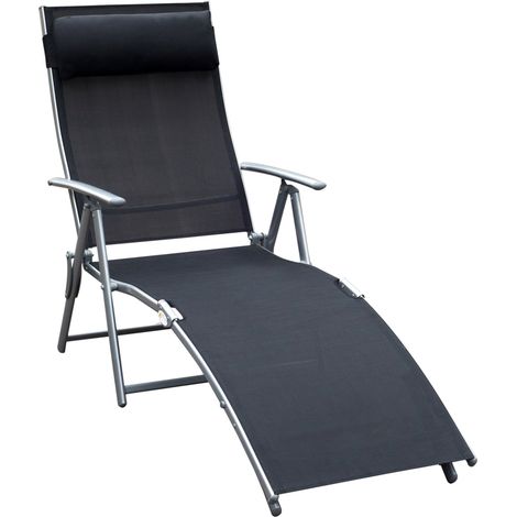 Chaise longue pliante en métal et tissu noir 137x63,5x100,5 cm pour terrasse et jardin (1/5)