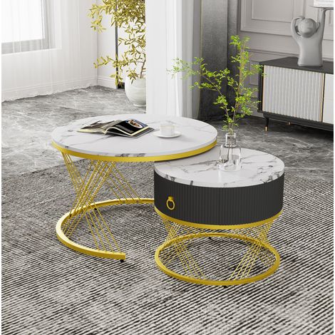 Eleganter zusammensetzbarer Couchtisch: Marmoroptik, Golddekor, Beistelltisch mit Schubladen – 2er-Set (1/5)