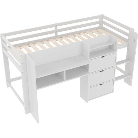 Halbhohes Bett 90x200 cm in Hausform mit Stauraum und Schreibtisch, weiß, MODENUIT (1/5)
