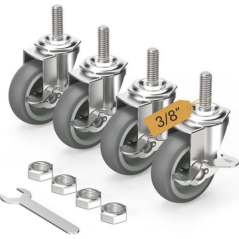 Roulettes pivotantes verrouillables de 7,6 cm (3 pouces), lot de 4, tige filetée 9,5 mm - 40,6 mm x 3,8 cm (diamètre 9,5 mm, longueur 3,8 cm), roulettes pivotantes robustes, grises