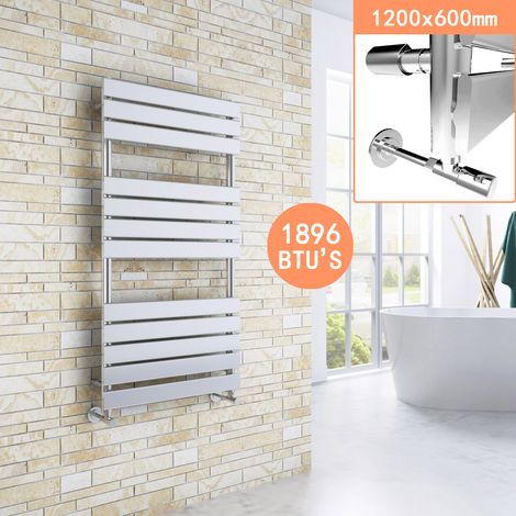 ELEGANT 1200 x 600mm Chrome Designer Flat Panel Heated Towel Rail Modern Bathroom Radiator + Angled Radiator Valves (1/5)