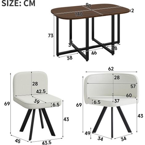 Ensemble de salle à manger 6 pièces : Comprend une table de salle à manger (140 x 90 cm) et six chaises revêtues de lin — Idéal pour cuisines et salles à manger (Plateau finition noyer + Chaises beige