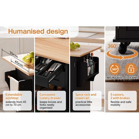 120x60x91 cm. Îlot de cuisine. Prises électriques, connecteurs USB. Câble de réseau d’une longueur de 1,5 m. Plans de rangement réglables. Poignées en métal. (1/5)