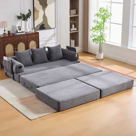 Divano modulare in velluto a coste grigio scuro, 200 x 190 x 67 cm, telaio in metallo, pouf (1/5)