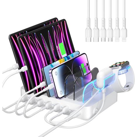 Station de Charge USB pour Plusieurs appareils, Station de Charge 6 Ports 50W avec 6 câbles et Support de Chargeur amélioré Inclus,pour téléphones,tablettes et Plus Encore, White (1/5)