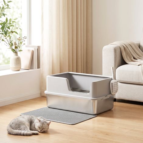 Bac Litière pour Chat en INOX XL Couvercle Bords Hauts Pelle Tapis (1/5)