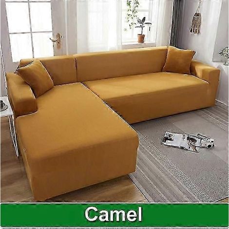 Housse de canapé solide pour salon, housse de canapé élastique d'angle en L, housse extensible pour canapé (4 places 230-300 cm camel) (1/4)