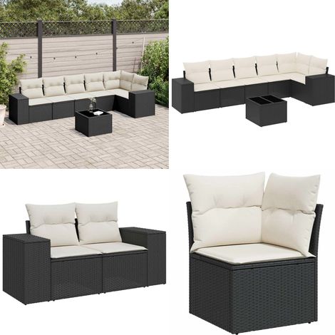7-tlg. Garten-Sofagarnitur mit Kissen Schwarz Poly Rattan - Gartenmöbel Set - Esstisch - Lounge Möbel - Rattan Gartenmöbel - Outdoor Möbel - Home & Living (1/5)